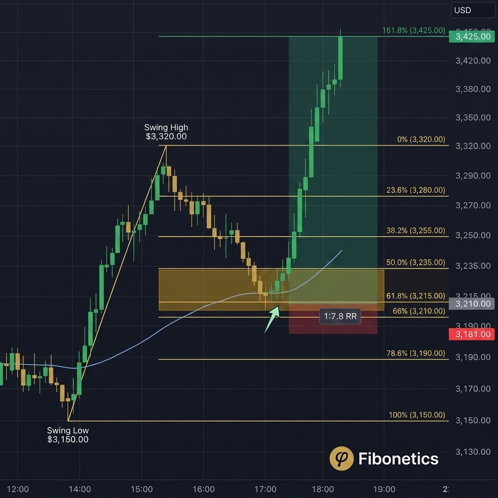 XAUUSD Institutional Analysis: Fibonacci Confluence Zone identifying high-probability long setup at the 61.8% Golden Pocket and 200 EMA intersection.