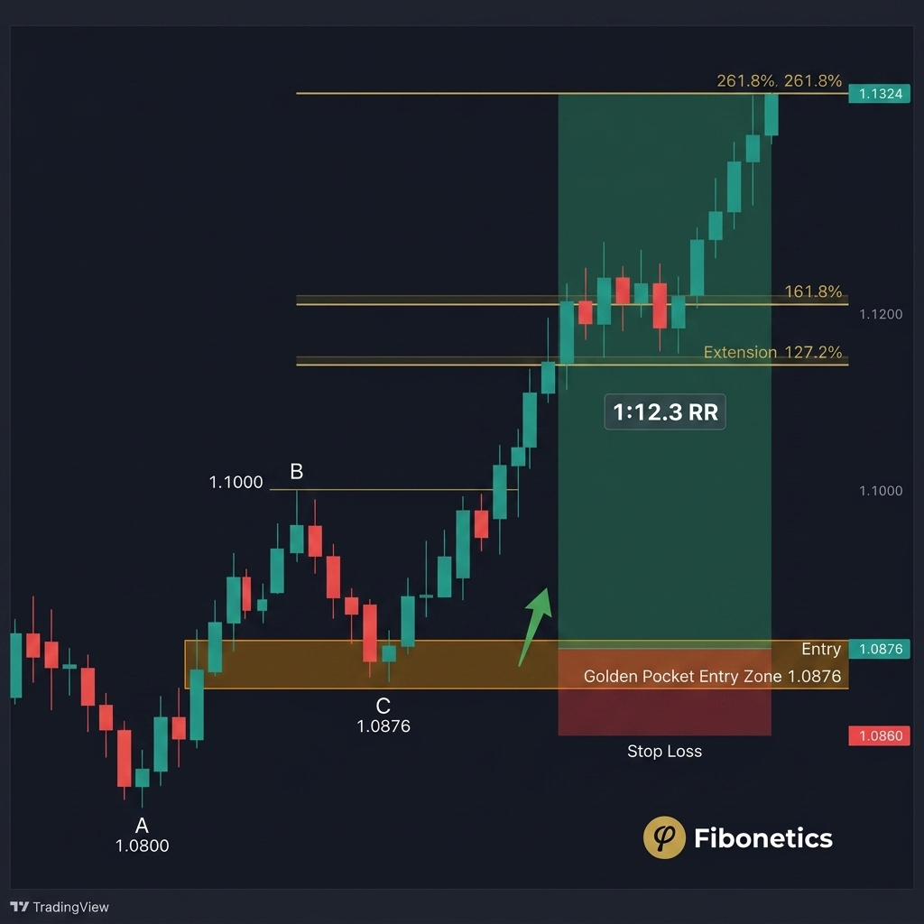Institutional Fibonacci Extensions Trade Setup with 1:12.3 RR on EUR/USD
