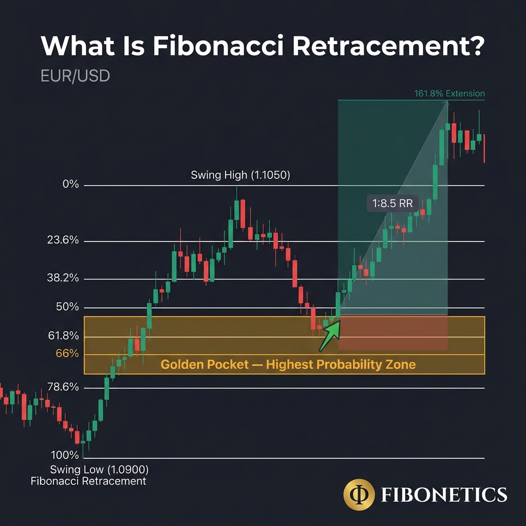 Fibonacci retracement chart showing EUR/USD with key levels at 23.6%, 38.2%, 50%, 61.8%, and 78.6% &mdash; Golden Pocket zone highlighted between 61.8% and 66% with entry signal &mdash; Fibonetics.com Fibonacci trading strategy guide