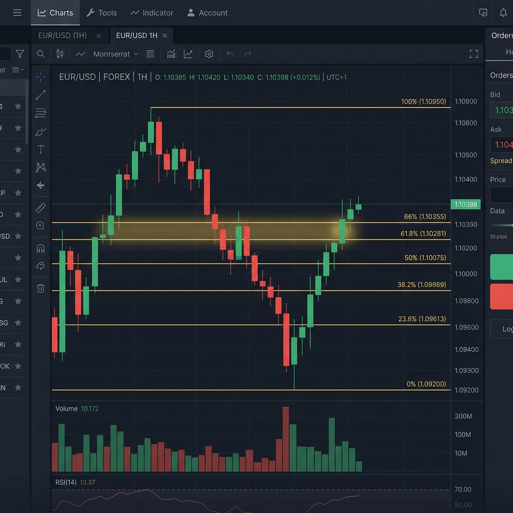 Why traders lose money in forex — EUR/USD Fibonacci retracement chart with Golden Pocket zone 61.8%–66% highlighted — Fibonetics.com trading strategy